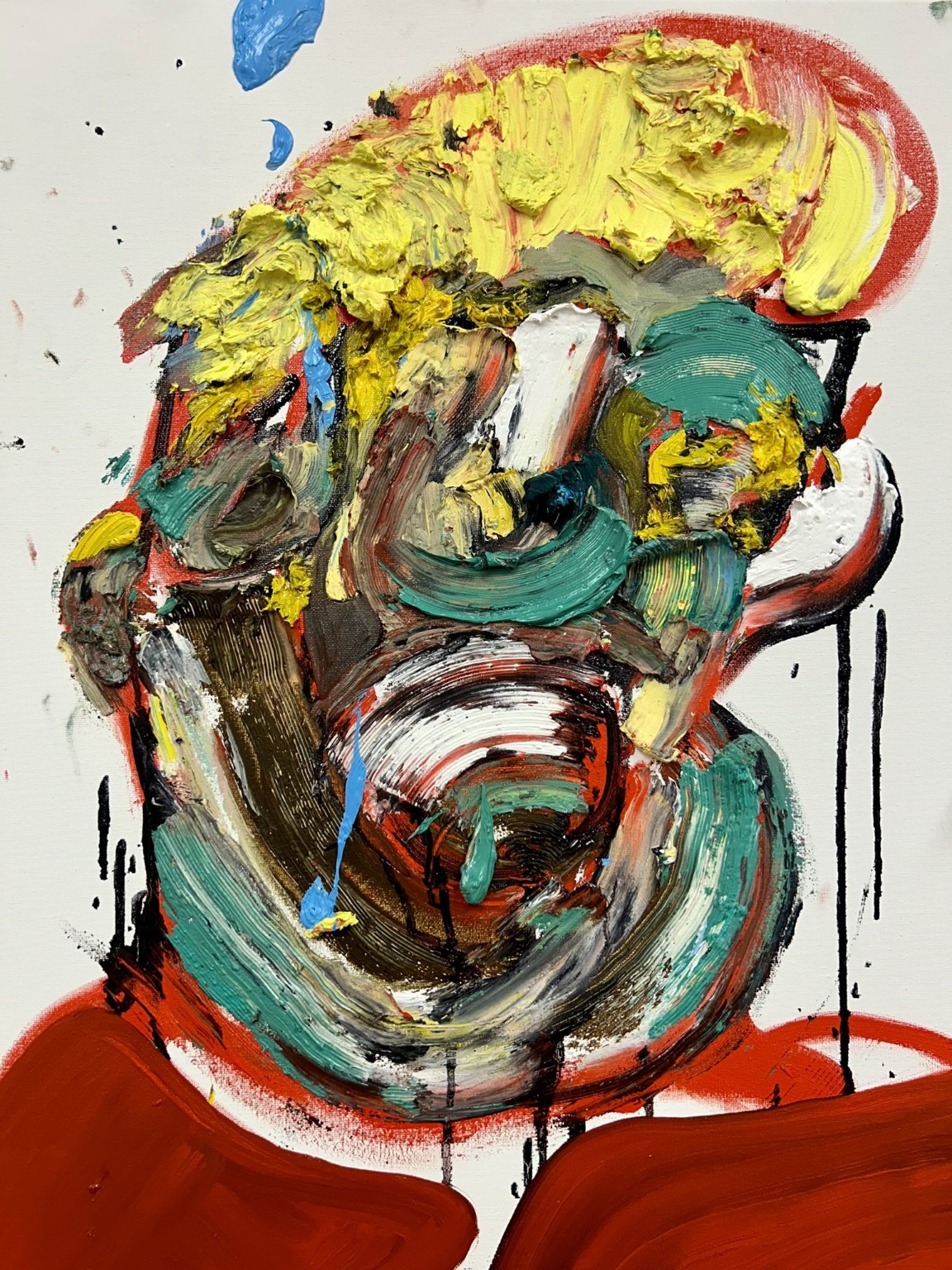 Expressive painted face in dense yellow, red, blue, and black brushwork