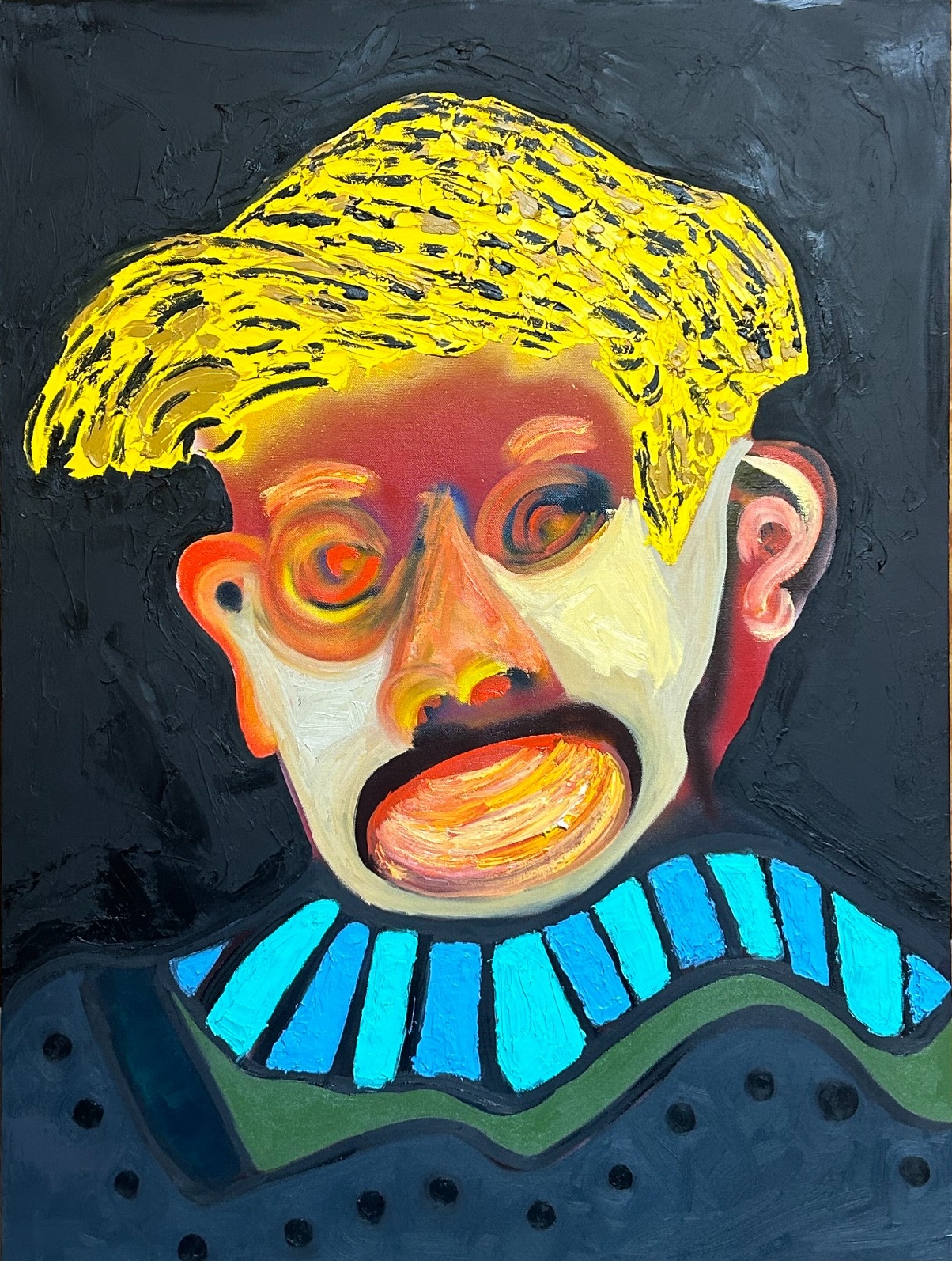 Portrait with vivid yellow hair and a blue collar on a dark ground