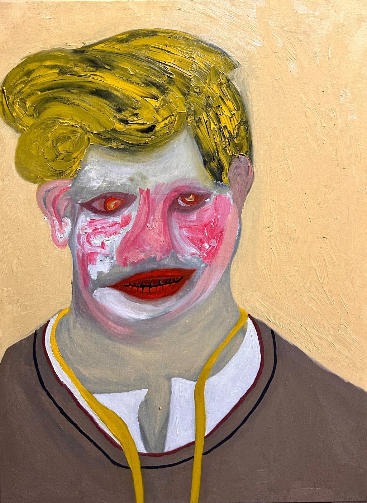 Pale pink face with olive hair and dark clothing