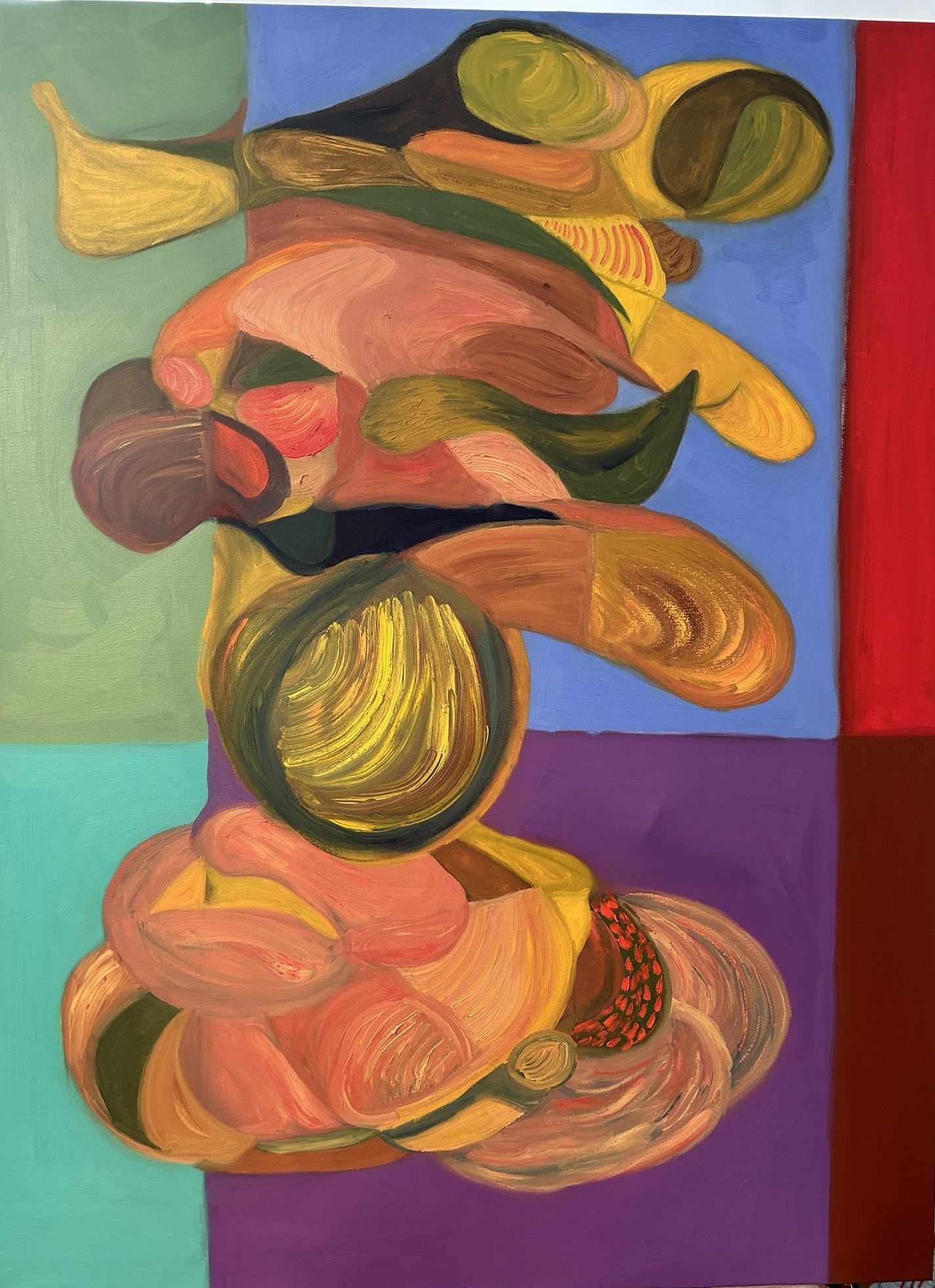 Abstracted portrait in orange, green, purple, and red