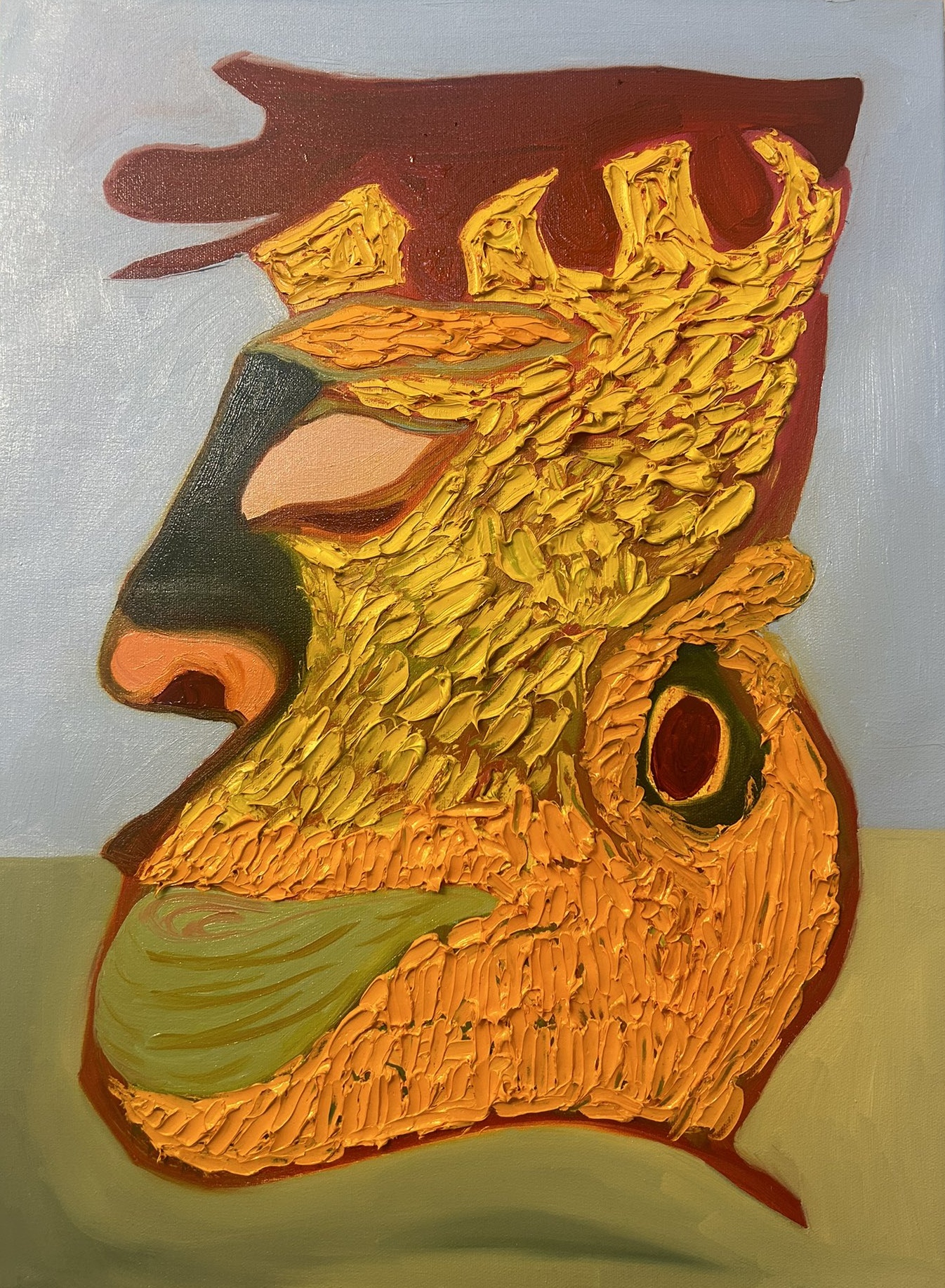 Ochre and gold profile on a pale ground