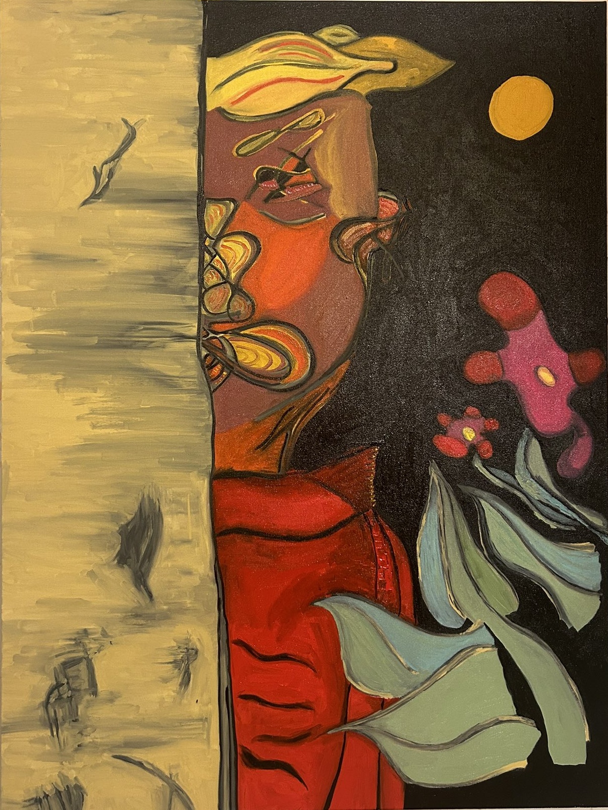 Split composition with a red figure beside a pale field