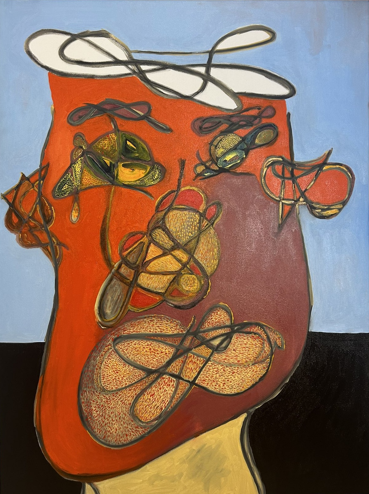 Red face with looping dark lines against blue and black