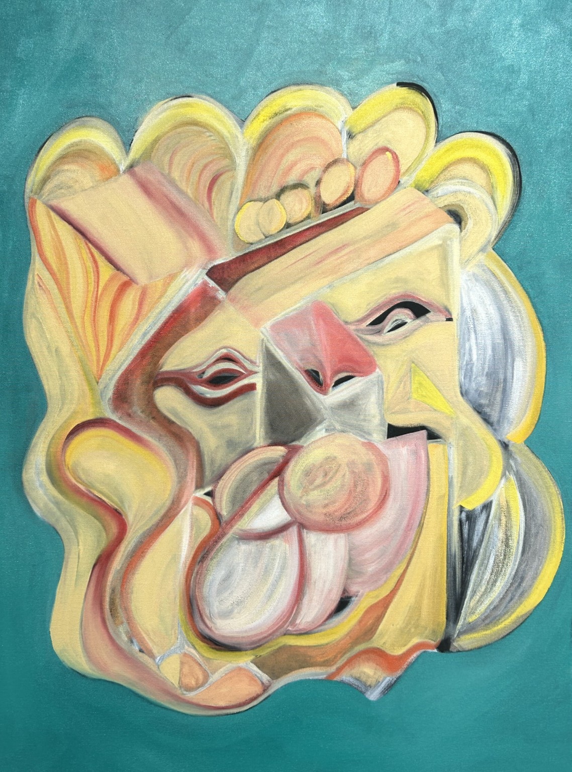 Expressive pale face with yellow hair against turquoise