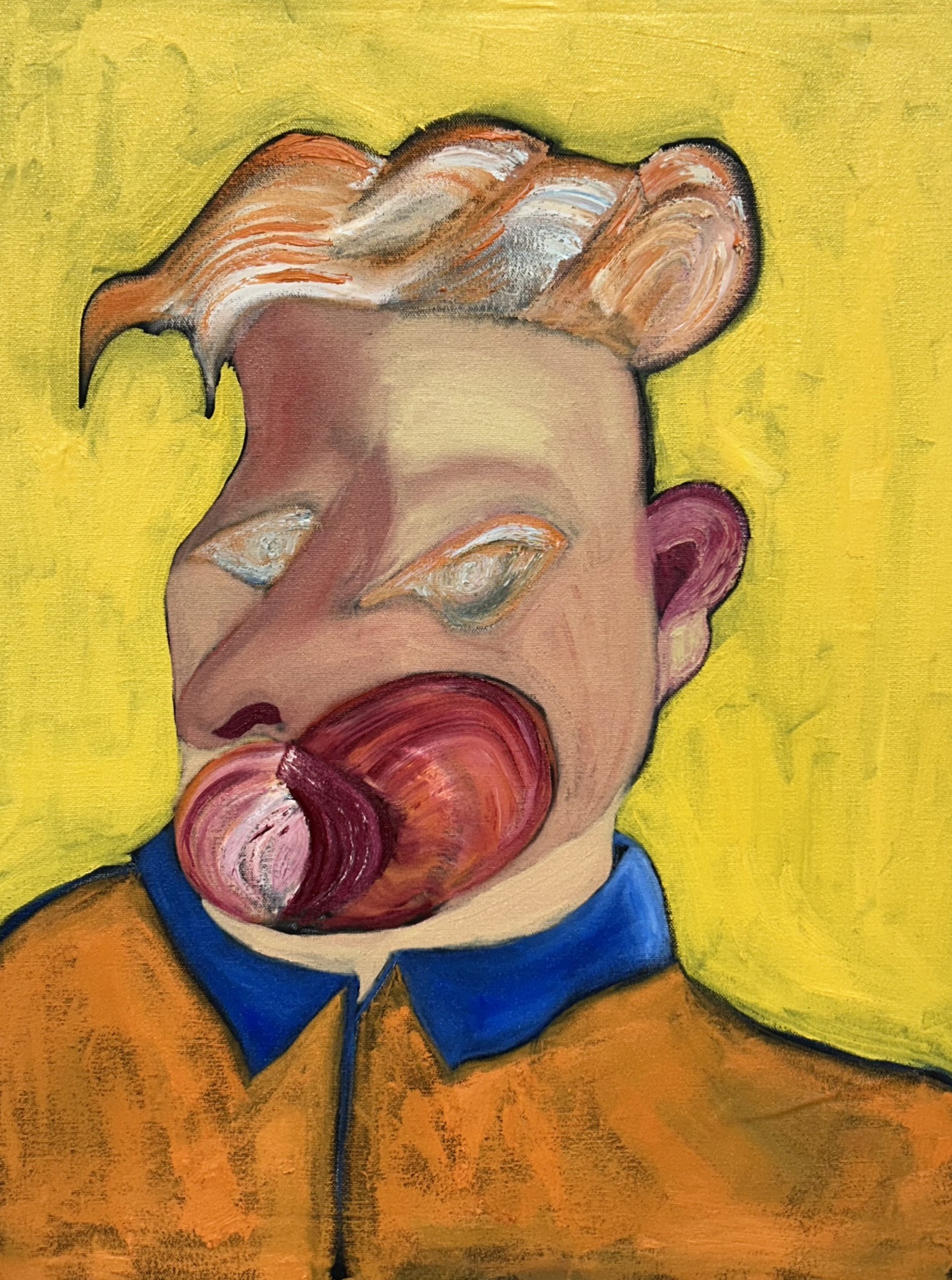 Portrait with a wide pink mouth on a yellow ground