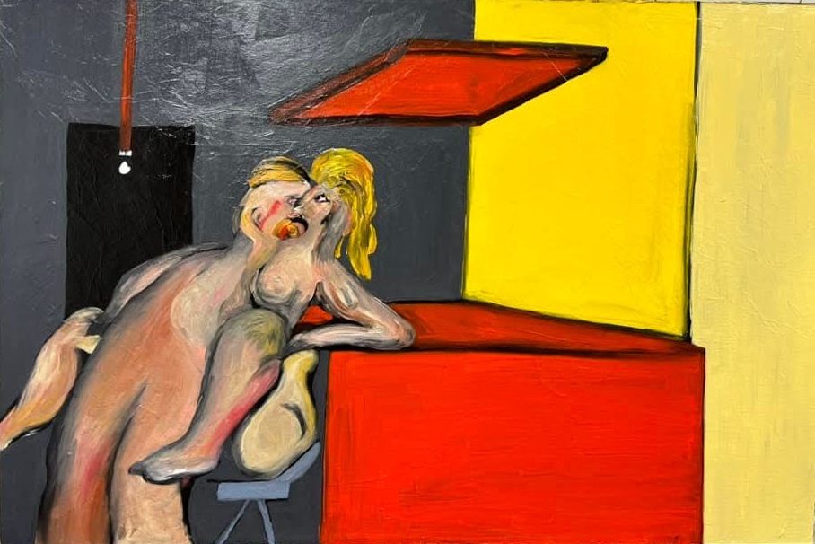 Two intertwined figures in a black, yellow, and red interior