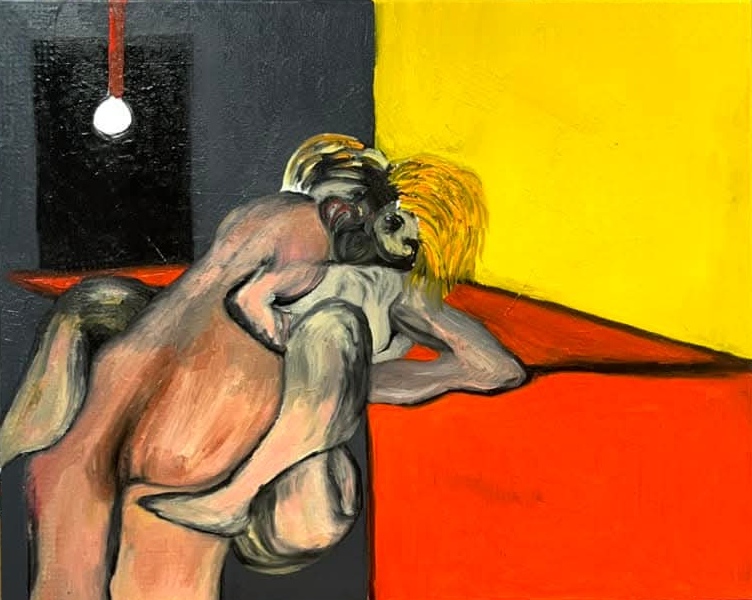 Two embracing figures against black, yellow, and red