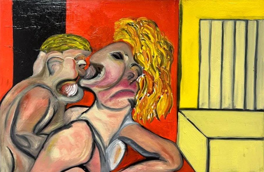 Two figures cheek to cheek beside a yellow window