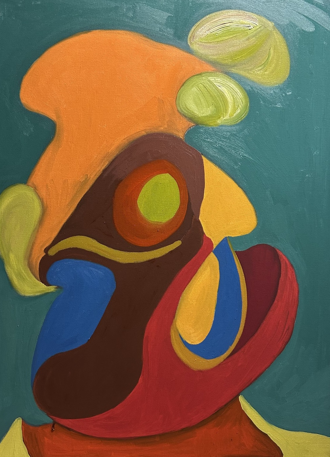 Abstracted orange and red figure on a teal ground